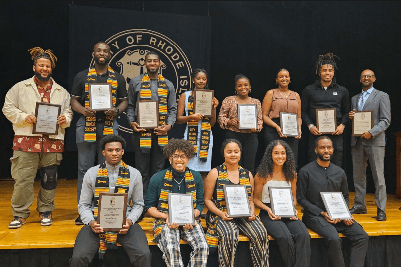 A group photo of the URI students receiving Black Scholar Awards for outstanding achievement at URI.