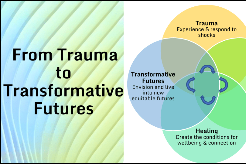 A graphic entitled 'From Trauma to Transformative Futures' which features a four circle venn diagram.