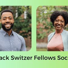 headshots of Patrick and DeNarae on a green to blue gradient background with the text "Black Switzer Fellows Social"