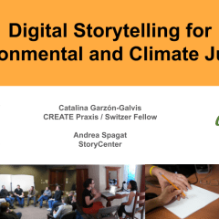 The title slide from the webinar, it shows the event title in black text on an orange background, the presenters names, titles and organizations on a white background, and several images of storytelling workshops along the bottom.