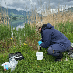 Kristy crouches in the grass next to a lake in the mountains. She is using a eDNA monitoring kit, pumping water out of a white bucket through a black pipe, with other sampling materials in bags and containers on the grass nearby.