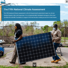 Background image shows two Black men in masks carrying a solar panel. A blue text box with information about the Fifth National Climate Assessment hovers over the top of the photo. 