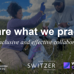 The cover slide of a presentation shows two people crouching and sitting in a grassy field using scientific equipment with blue sky and white clouds in the background. The image is overlaid with the title text: “We are what we practice / For inclusive and effective collaboration.” A footer shows Nigel Golden’s name and contact information (Nigel Golden, Ph.D. Research Scientist, Chair, Climate Justice Committee, ngolden@woodwellclimate.org), and the logos of theFoundation and Woodwell