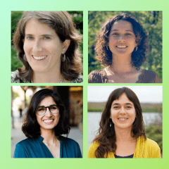 Four headshots of Rachel Morello-Frosch, Hasibe Caballero-Gomez, Monika Shankar and Lara J. Cushing are in a square on a blue to green gradient background.