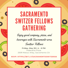Red and black text in a yellow text box describes the event details. The background is a pizza with tomatoes, black olives and green peppers.