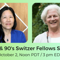 Pictures of Sue and Marcy on a green and blue gradient background with the event title and time listed in black text.