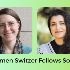 headshots of Esther and Hasmik on a green to blue gradient background with the text "Women Switzer Fellows Social"