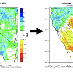 Illustration of Southern California’s remarkable wet-to-dry hydroclimate whiplash event in 2024, here represented by April 2024 SPEI values of +1.5 to +2.0 transitioning to -1.5 to -2.0 (units are standard deviations). (Source: WRCC) via John Abatzoglou, posted on weatherwest.com 