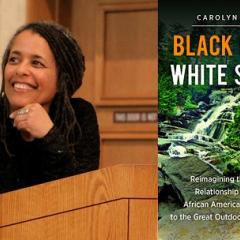 Left side: Carolyn Finney leaning on a podium, looking to the left and smiling. Right side: the book cover for Black Faces White Spaces, including an African American woman sitting in front of a waterfall holding a painting in front of her face.