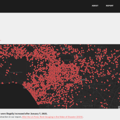A screenshot of the Rent Brigade website showing a map of the LA area full of red points showing reported rent increases.