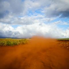 A dust cloud forms on a dirt road in a green agricultural field with blue sky and grey clouds in the distance.