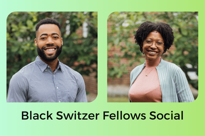 headshots of Patrick and DeNarae on a green to blue gradient background with the text "Black Switzer Fellows Social"