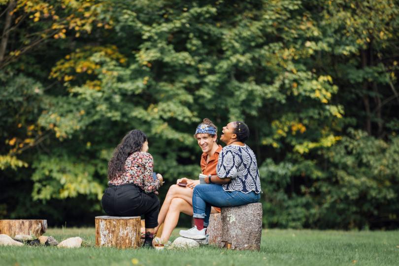 Three Switzer Fellows sit together, laughing, on tree stumps on a grassy lawn with trees in the background.