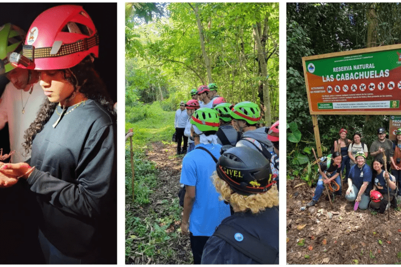 A collage of three images shows tourists visiting Las Cabachuelas nature reserve.