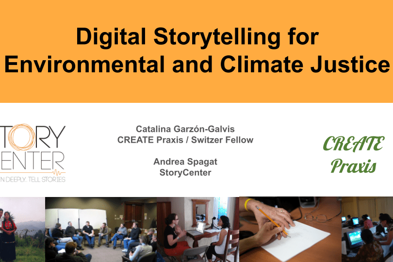 The title slide from the webinar, it shows the event title in black text on an orange background, the presenters names, titles and organizations on a white background, and several images of storytelling workshops along the bottom.
