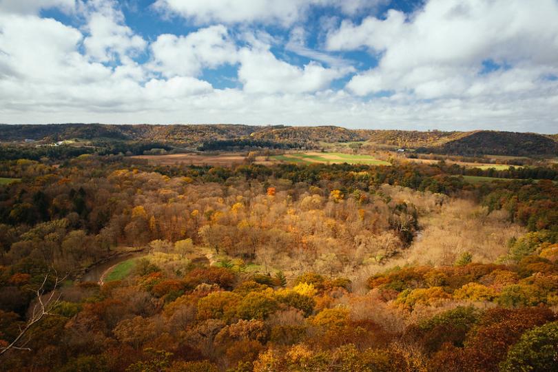 A hilly grassland landscape in autumn with blue sky and clouds