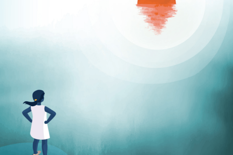 the cover of the UN Report, Navigating New Horizons: A global foresight report on planetary health and human wellbeing, shows the UN Environment Programme and International Science Council logos, and an illustration of a girl standing with hands on hips looking at an orange sun sinking into a horizon with a watery reflection. 