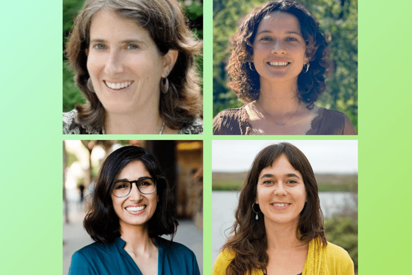Four headshots of Rachel Morello-Frosch, Hasibe Caballero-Gomez, Monika Shankar and Lara J. Cushing are in a square on a blue to green gradient background.