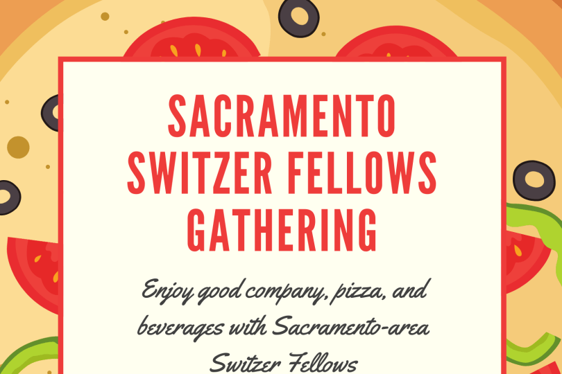 Red and black text in a yellow text box describes the event details. The background is a pizza with tomatoes, black olives and green peppers.