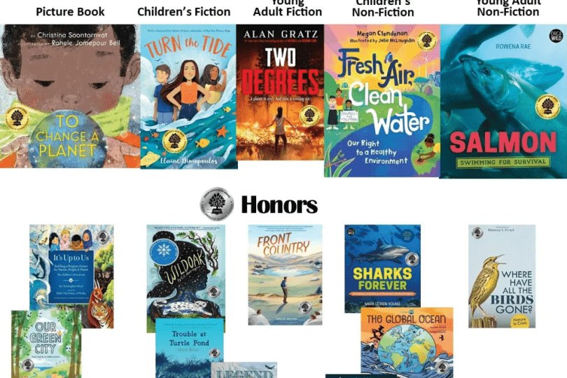 A collage showing book covers of all the 2023 Green Earth Book award winners.