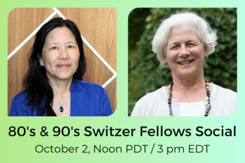 Pictures of Sue and Marcy on a green and blue gradient background with the event title and time listed in black text.