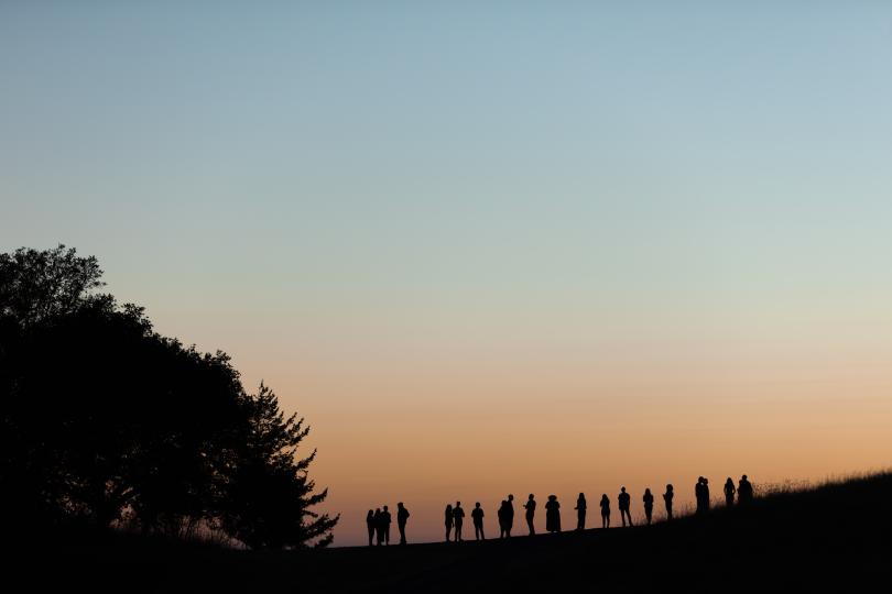 Silhouettes of Switzer Fellows and a large tree in the distance against an orange sunset. 