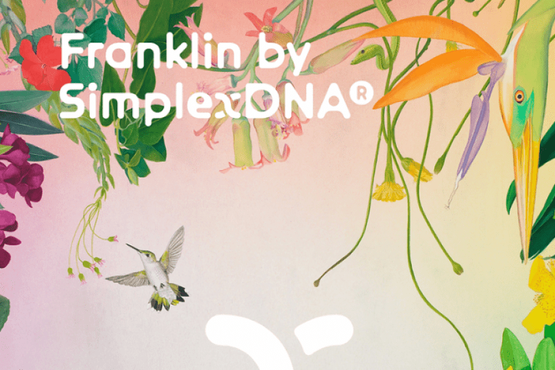 Franklin by SimplexDNA. The Franklin: Digital eDNA tokens to better preserve diverse life on Earth. A colorful illustration of plants, flowers, pollinators and wildlife is the background image. 