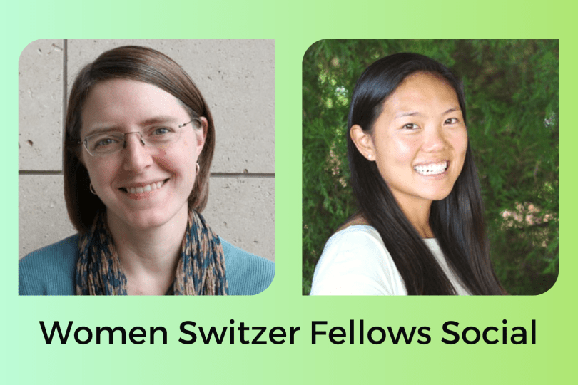 Headshots of Esther and Lauren with the event title on a blue and green gradient background.