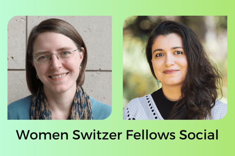 headshots of Esther and Hasmik on a green to blue gradient background with the text "Women Switzer Fellows Social"