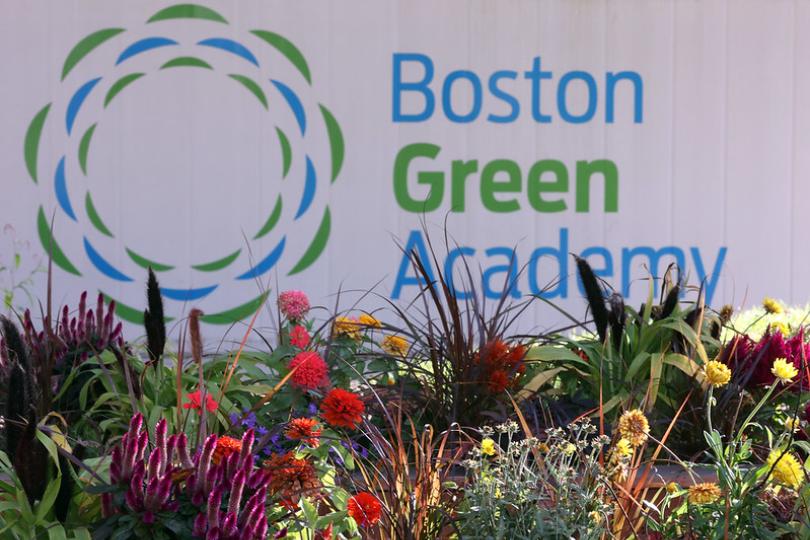 The Boston Green Academy logo is on a white wall behind beautiful plants.