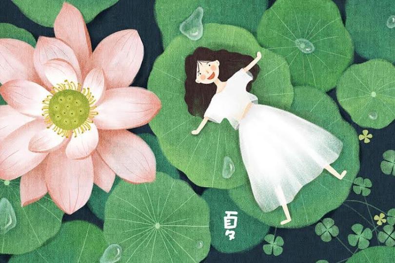 An illustration of a woman in a white dress smiling and resting on a lily pad on the surface of a pond, with a large pink flower next to her. 