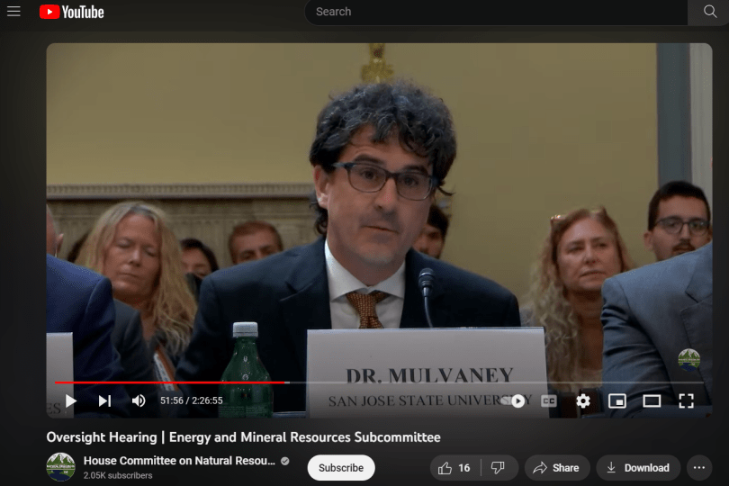 A screenshot of Dustin Mulvaney giving testimony to the House of Representatives