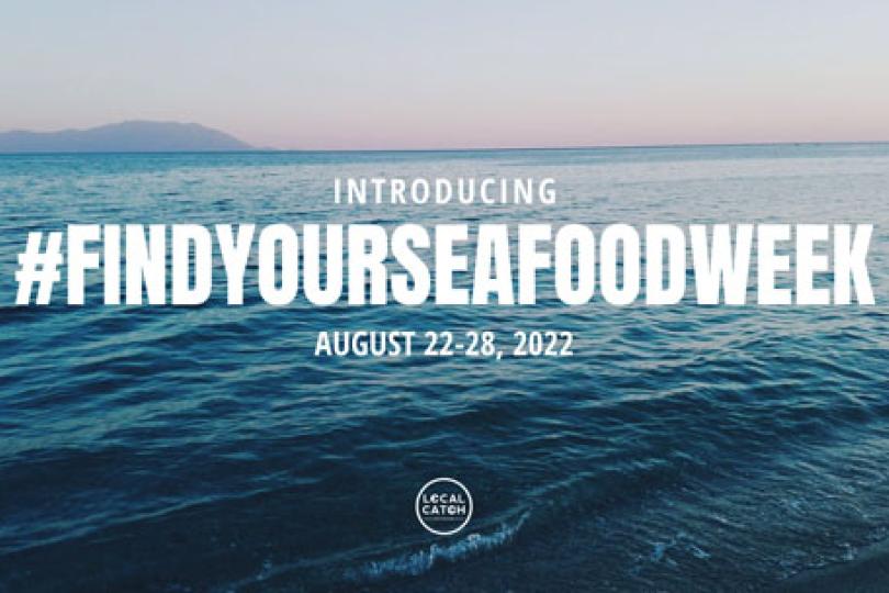 Text: Introducing #FindYourSeafoodWeek August 22-28,2022. Background shows the ocean with gentle waves and a mountain in the background.