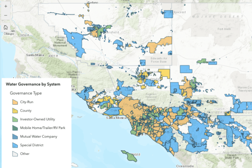 A map showing water governance by system type in southern California. 