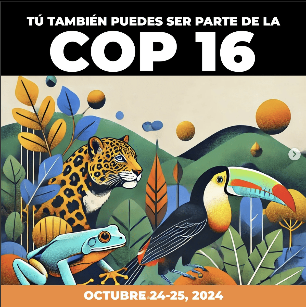 A poster for COP16 shows illustrations of animals and plants from Colombia. 