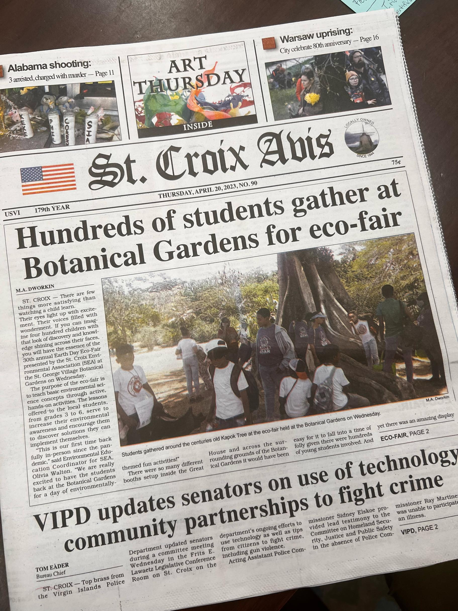 A photo of the front page of the St. Croix Avis newspaper featuring a story about the Eco Fair