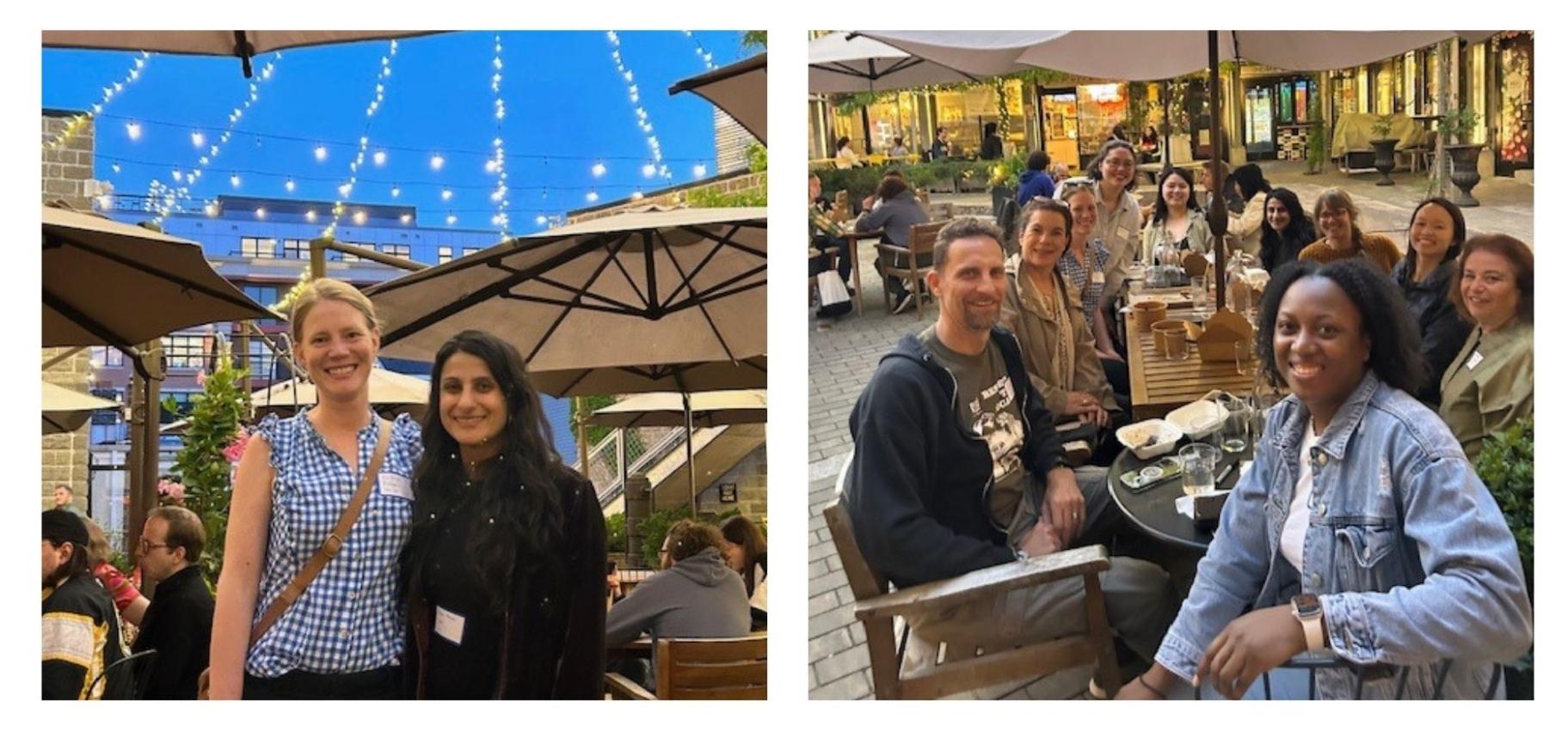 A collage of two photos: Kathryn Rodgers (2024) and Meghna Marjadi (2021) co-organized this gathering.  Attending fellows smile over a shared meal in an outdoor courtyard.